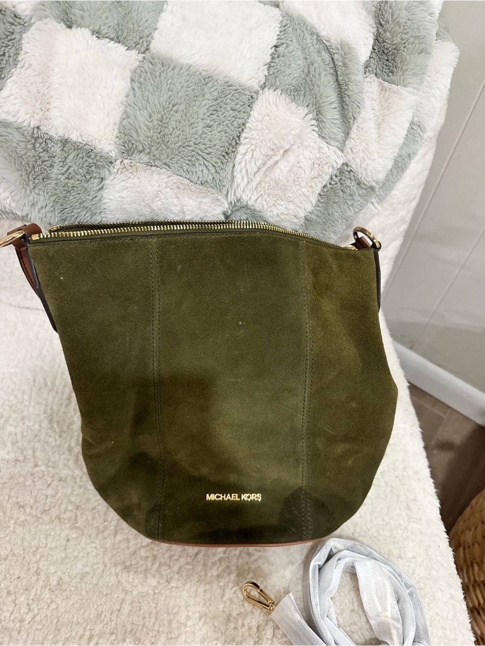 Michael Kors Olive Suede Shoulder Bag with Gold Logo